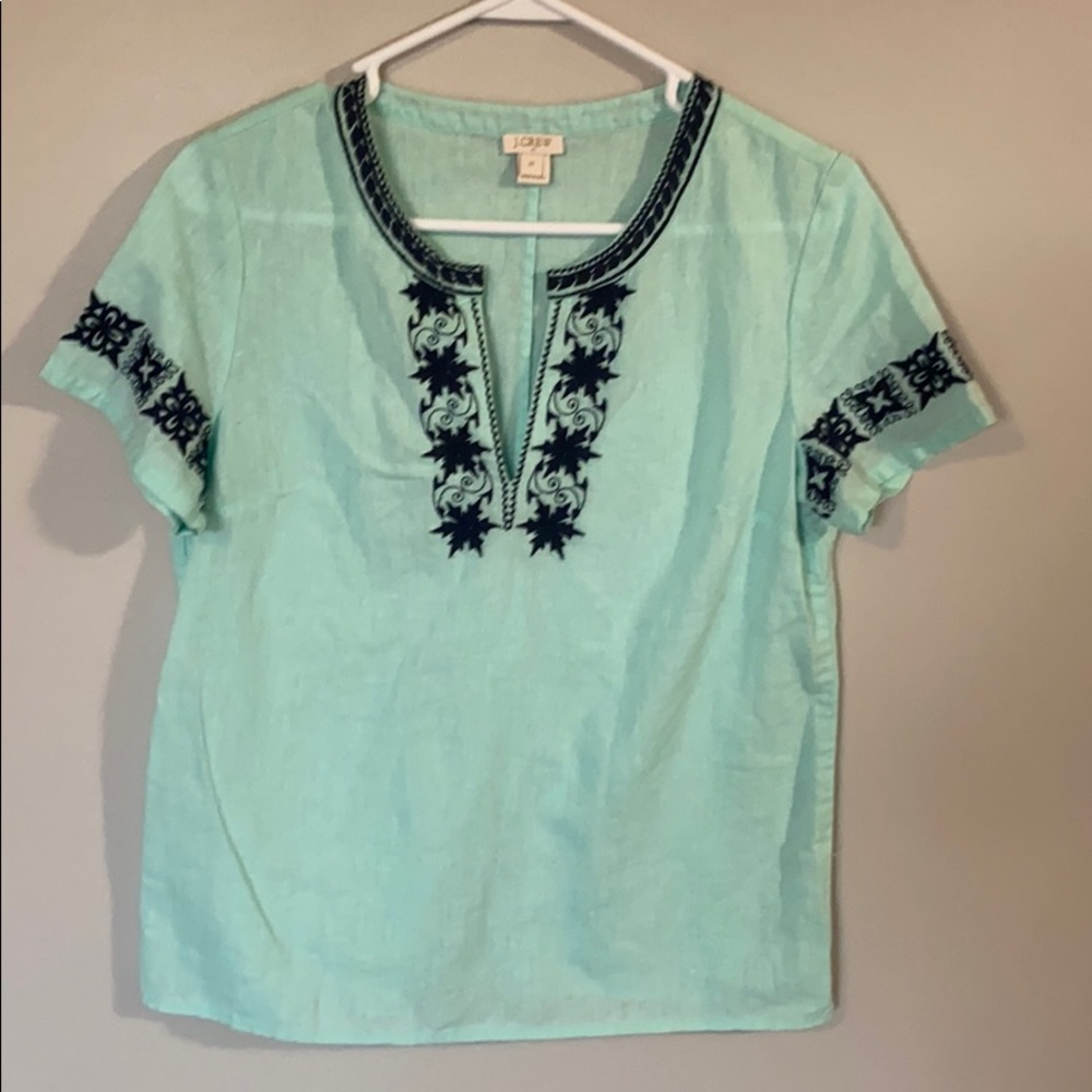 J. Crew V Neck Teal Embroidered Tunic